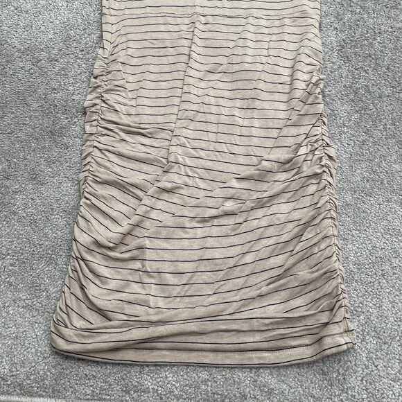Prana Ruched Bodycon Midi Dress Womens Medium Beige Stripe V-Neck Stretch Casual - Picture 10 of 13
